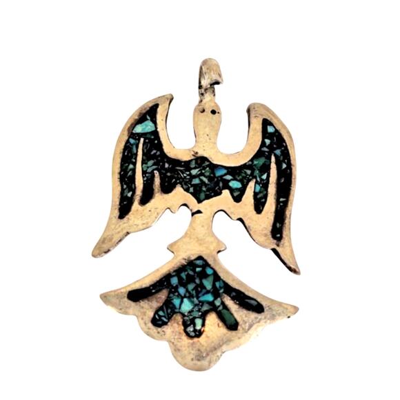 Sterling Silver Peyote Bird Pendant Crushed Stone Inlay 5.5 G 1.25 Inch Native - Picture 7 of 8